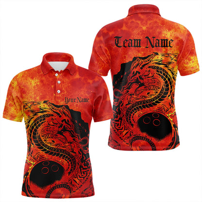 Custom Red Flame Viking Dragon Bowling Polo Team Shirts For Men, Bowling League Shirts IPHW8585