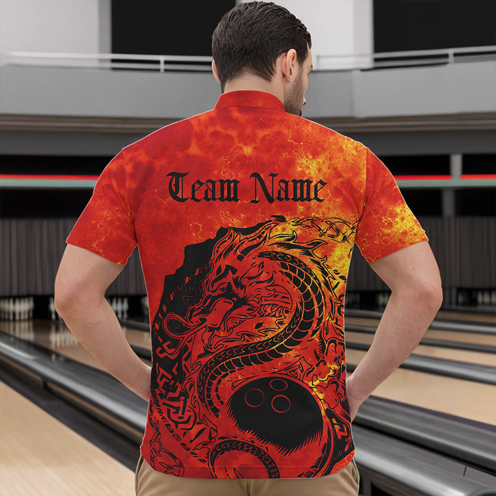 Custom Red Flame Viking Dragon Bowling Quarter-Zip Team Shirts For Men, Bowling League Shirts IPHW8585