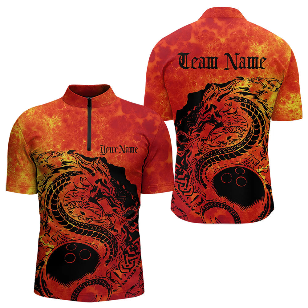 Custom Red Flame Viking Dragon Bowling Quarter-Zip Team Shirts For Men, Bowling League Shirts IPHW8585