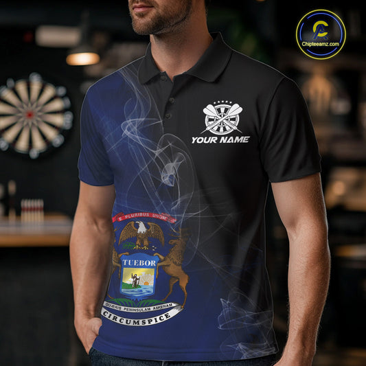 Custom Smoke Flame Michigan Flag Patriotic Darts Shirt For Men, Dart League Team Jerseys IPHW10743