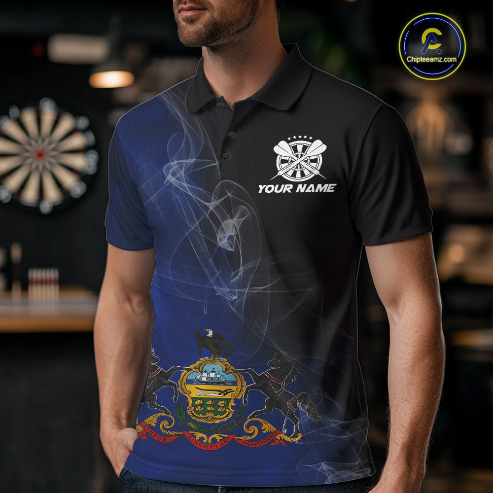 Custom Smoke Flame Pennsylvania Flag Patriotic Darts Shirt For Men, Dart League Team Jerseys IPHW10745
