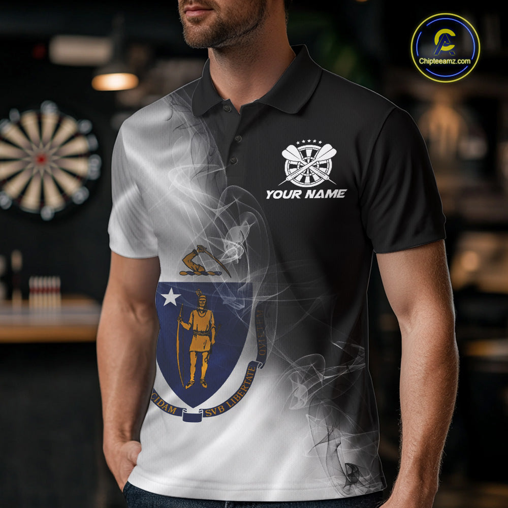 Custom Smoke Flame Massachusetts Flag Patriotic Darts Shirt For Men, Dart League Team Jerseys IPHW10747
