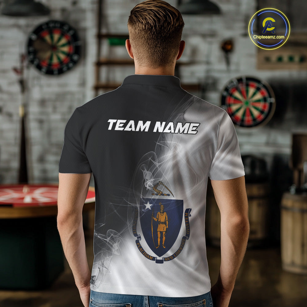 Custom Smoke Flame Massachusetts Flag Patriotic Darts Shirt For Men, Dart League Team Jerseys IPHW10747