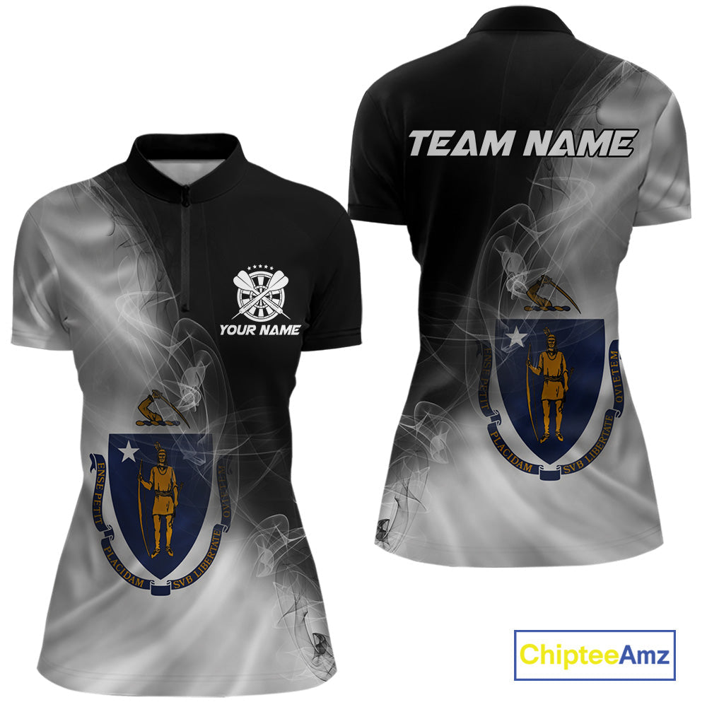 Custom Smoke Flame Massachusetts Flag Patriotic Women Darts Shirt, Dart League Jerseys IPHW10747