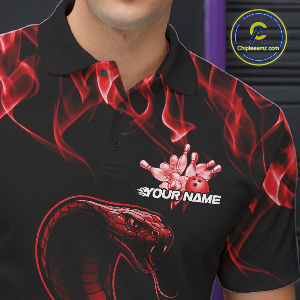 Custom Black And Red Flame Cobra Snake Bowling Men Shirts, Bowling League Shirt IPHW10765