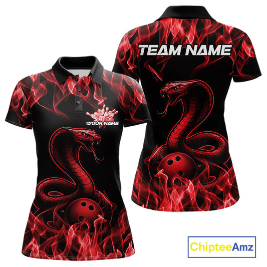 Custom Black And Red Flame Cobra Snake Bowling Women Shirts, Bowling League Shirt IPHW10765