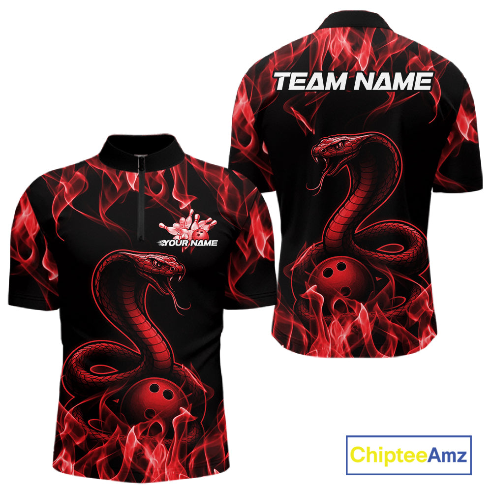 Custom Black And Red Flame Cobra Snake Bowling Men Shirts, Bowling League Shirt IPHW10765