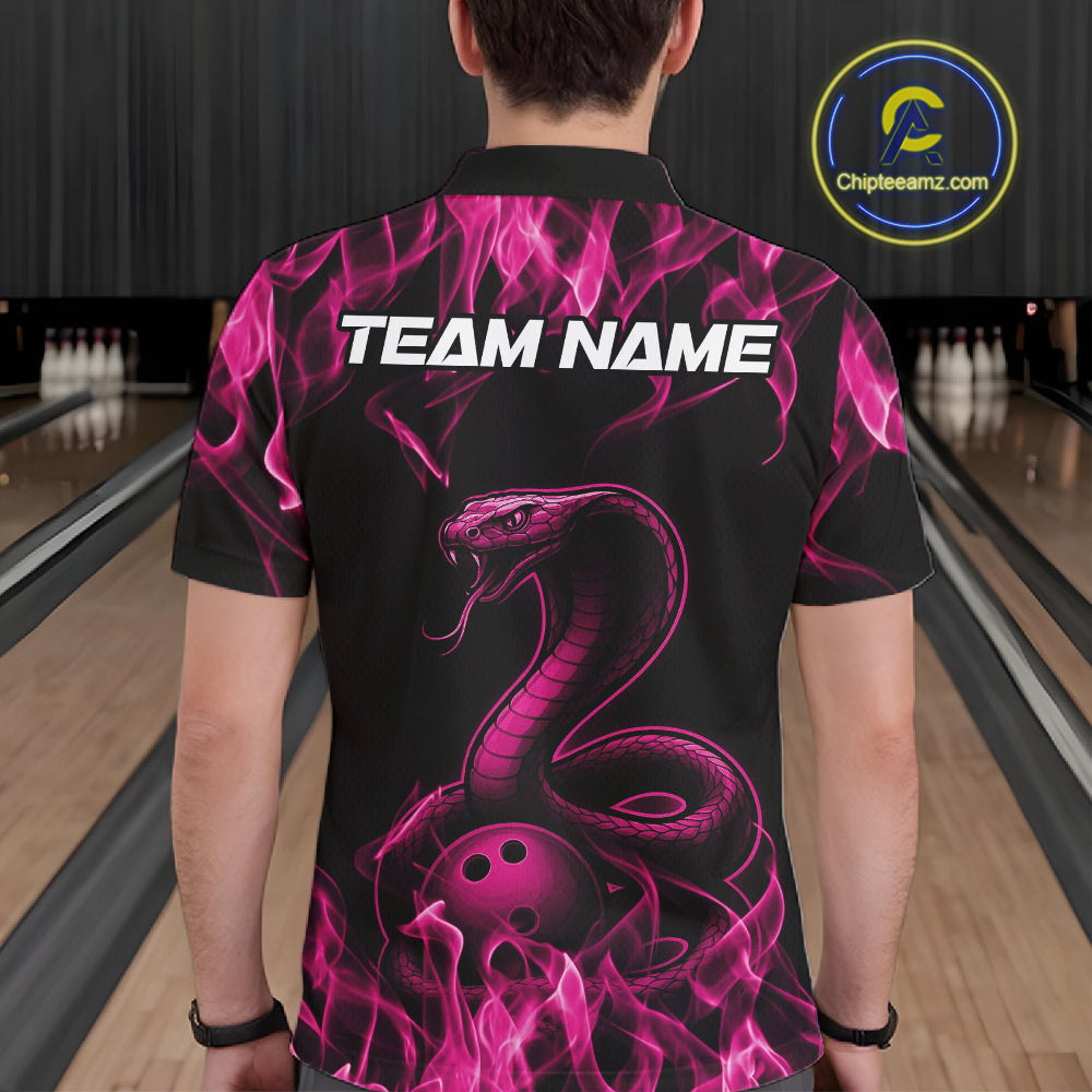 Custom Black And Pink Flame Cobra Snake Bowling Men Shirts, Bowling League Shirt IPHW10766