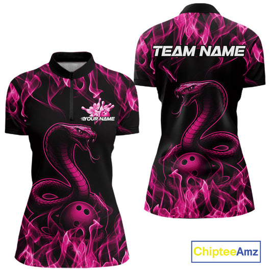 Custom Black And Pink Flame Cobra Snake Bowling Women Shirts, Bowling League Shirt IPHW10766