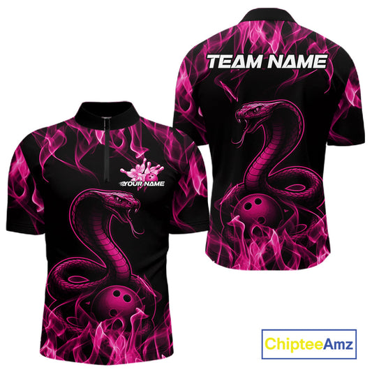 Custom Black And Pink Flame Cobra Snake Bowling Men Shirts, Bowling League Shirt IPHW10766