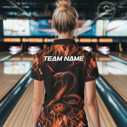 Custom Black And Orange Flame Cobra Snake Bowling Women Shirts, Bowling League Shirt IPHW10767