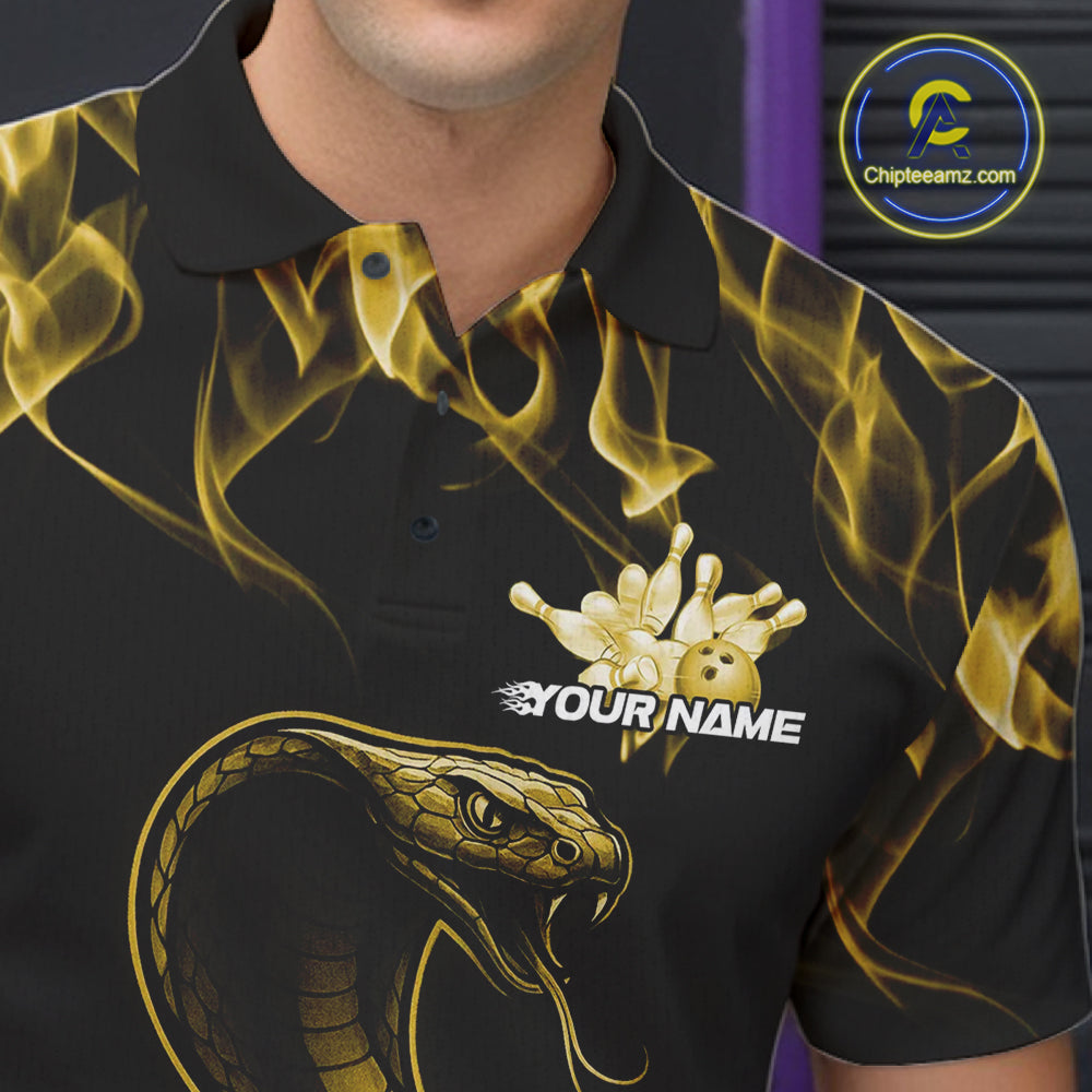 Custom Black And Yellow Flame Cobra Snake Bowling Men Shirts, Bowling League Shirt IPHW10768