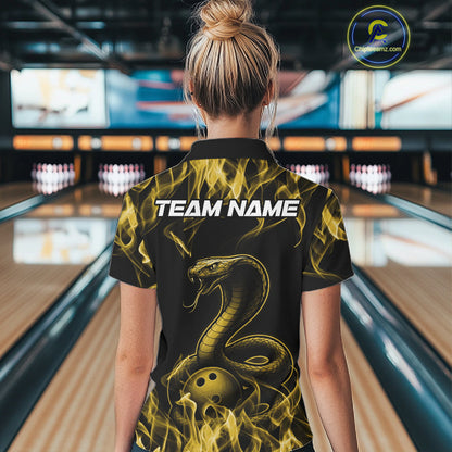 Custom Black And Yellow Flame Cobra Snake Bowling Women Shirts, Bowling League Shirt IPHW10768