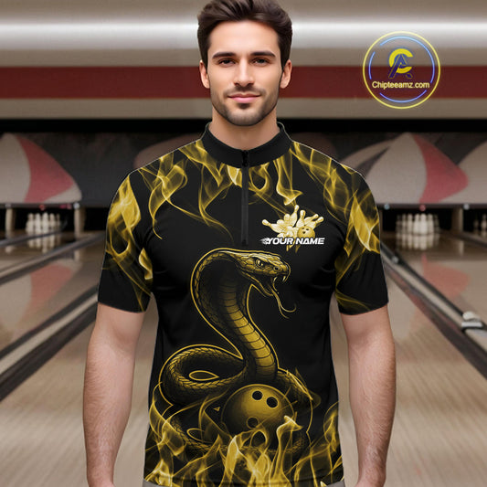 Custom Black And Yellow Flame Cobra Snake Bowling Men Shirts, Bowling League Shirt IPHW10768