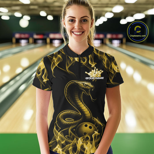 Custom Black And Yellow Flame Cobra Snake Bowling Women Shirts, Bowling League Shirt IPHW10768