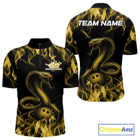 Custom Black And Yellow Flame Cobra Snake Bowling Men Shirts, Bowling League Shirt IPHW10768