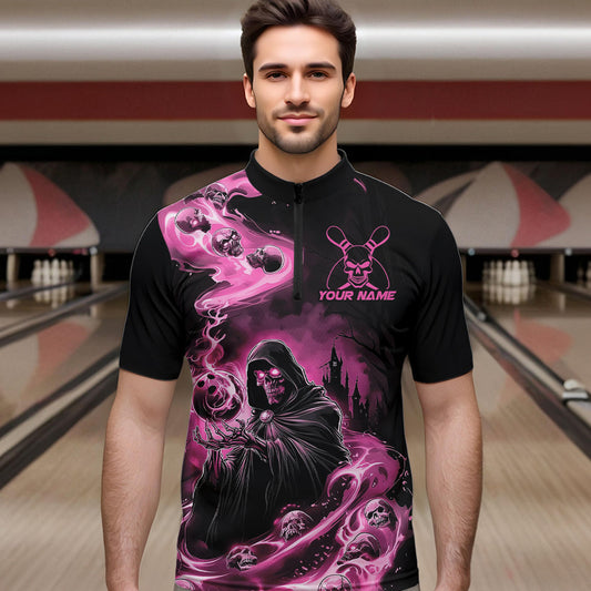 Black And Pink Grim Reaper Custom Halloween Bowling Team Men Quarter-Zip Shirts, Bowlers Outfit IPHW8895