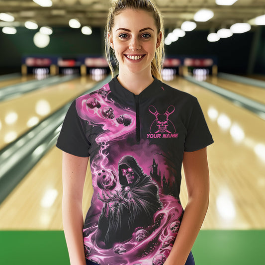 Black And Pink Grim Reaper Custom Halloween Bowling Team Women Quarter-Zip Shirts Outfit IPHW8895