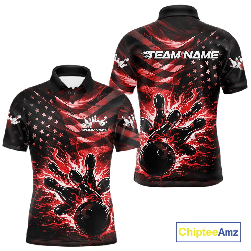 Front and back views of a black mens bowling polo shirt showcasing a red flame bowling ball striking pins with American flag-inspired artwork.