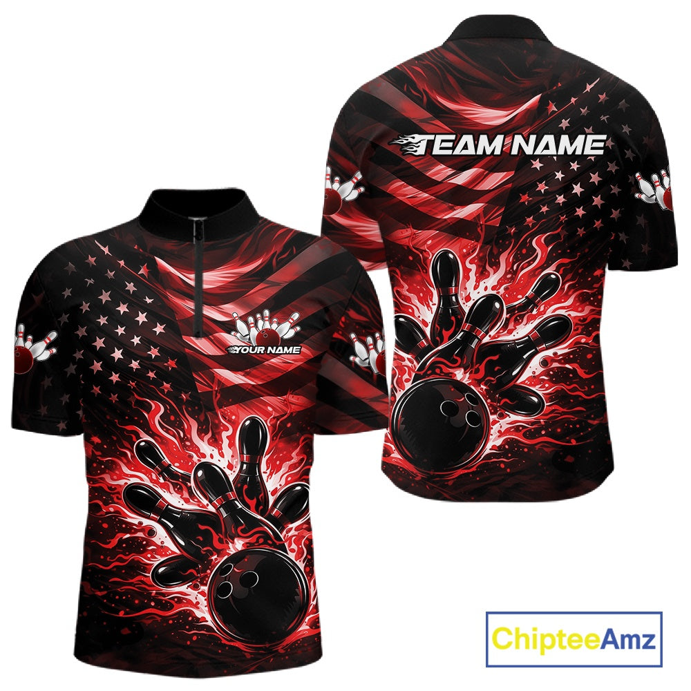 Front and back views of a black mens bowling quarter-zip shirt featuring a red flame bowling ball striking pins and distressed American flag artwork.