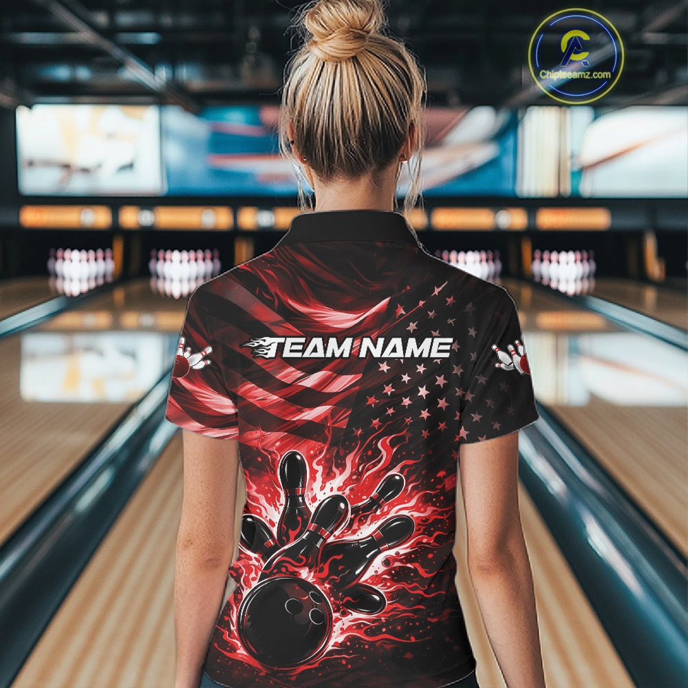 Back view of a female model wearing a black bowling quarter-zip shirt with red flame bowling artwork and distressed American flag details.