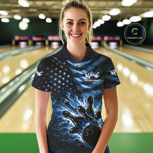 Load image into Gallery viewer, Custom Black And Blue Patriotic Fire Flame Women Bowling Shirt, US Flag Bowling Jerseys IPHW10998