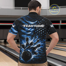 Load image into Gallery viewer, Custom Black And Blue Patriotic Fire Flame Men Bowling Shirt, US Flag Bowling Jerseys IPHW10998