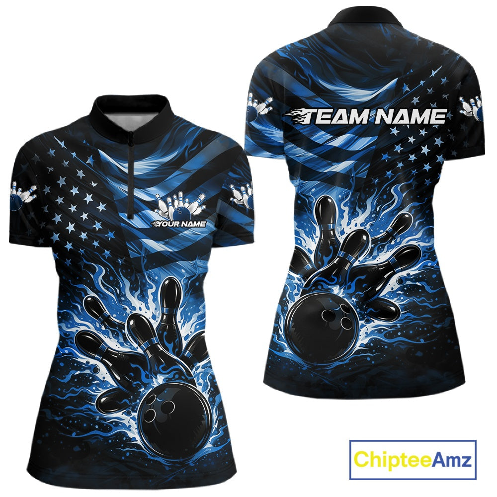 Front and back views of a black womens bowling quarter-zip shirt showcasing a blue flame bowling ball striking pins with distressed American flag accents.