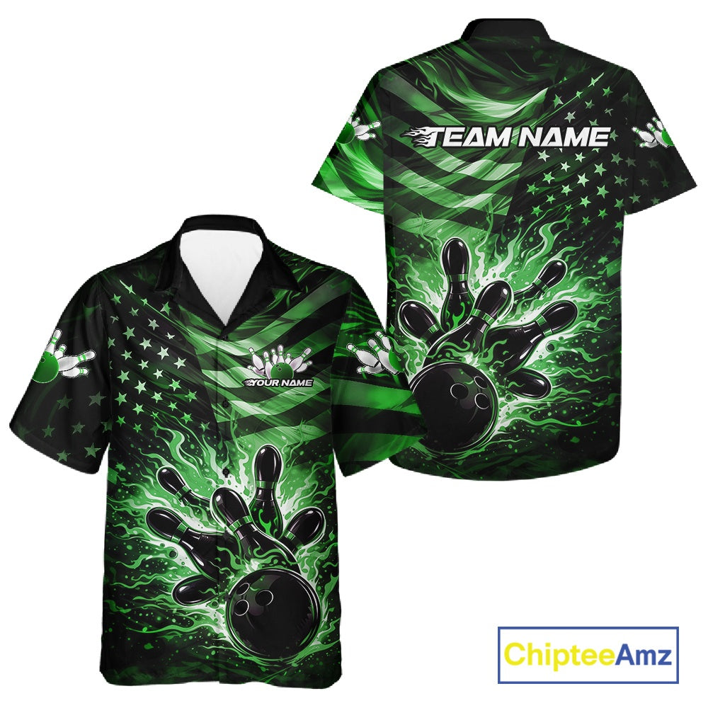 Front and back views of a black button-up bowling shirt displaying green flame bowling strike graphics and patriotic-inspired accents.