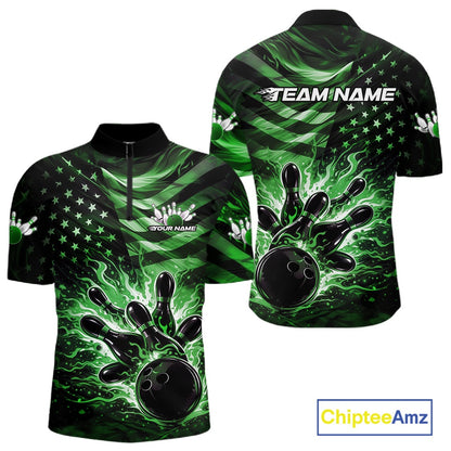 Front and back views of a black mens bowling quarter-zip shirt showcasing a green flame bowling ball striking pins with distressed American flag artwork.