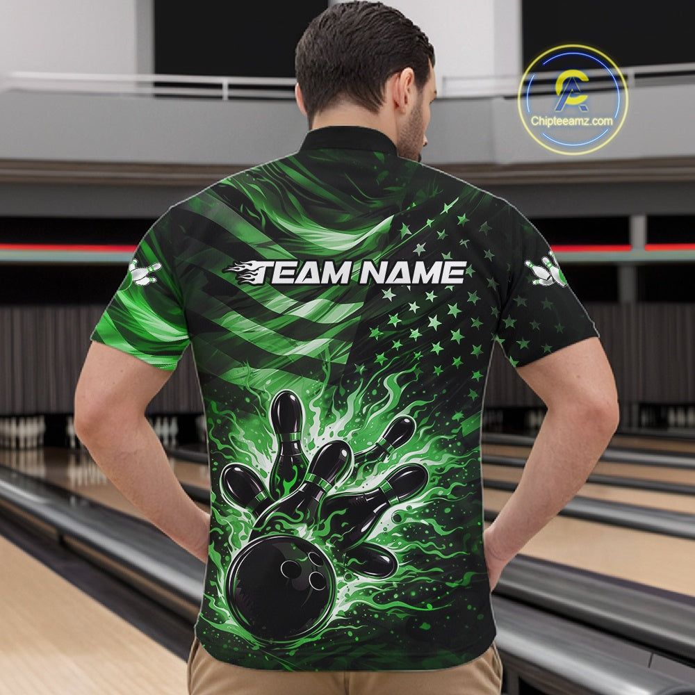 Front view of a male model in a black bowling quarter-zip shirt displaying green flame bowling strike artwork and flag accents.