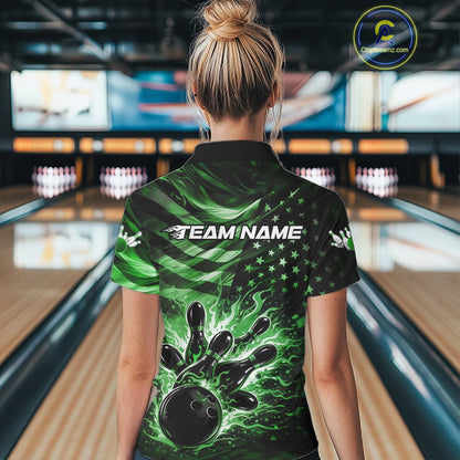 Back view of a female model in a black bowling quarter-zip shirt featuring green flame bowling graphics and a distressed American flag theme.