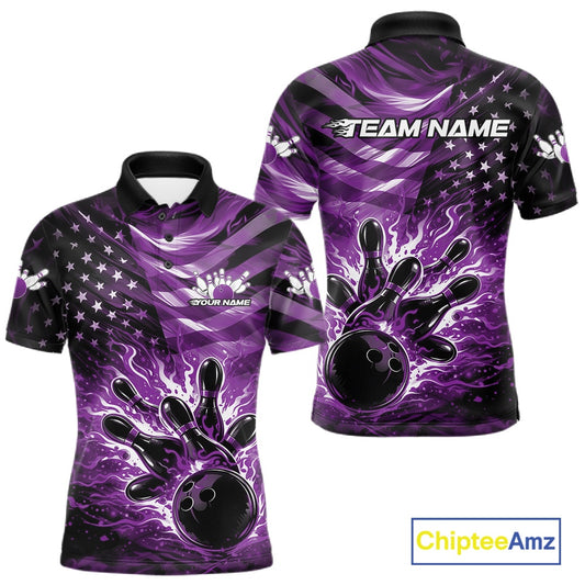 Front and back views of a black mens bowling polo shirt featuring a purple flame bowling ball striking pins with distressed American flag graphics.