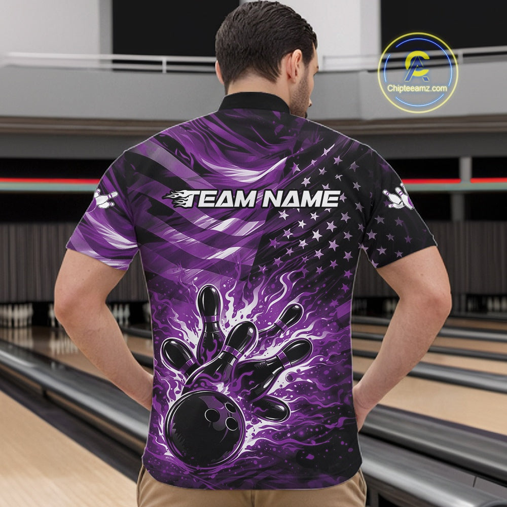Front view of a male model in a black bowling quarter-zip shirt featuring purple flame strike graphics and distressed flag motifs.