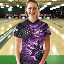 Load image into Gallery viewer, Custom Black And Purple Patriotic Fire Flame Women Bowling Shirt, US Flag Bowling Jersey IPHW11000
