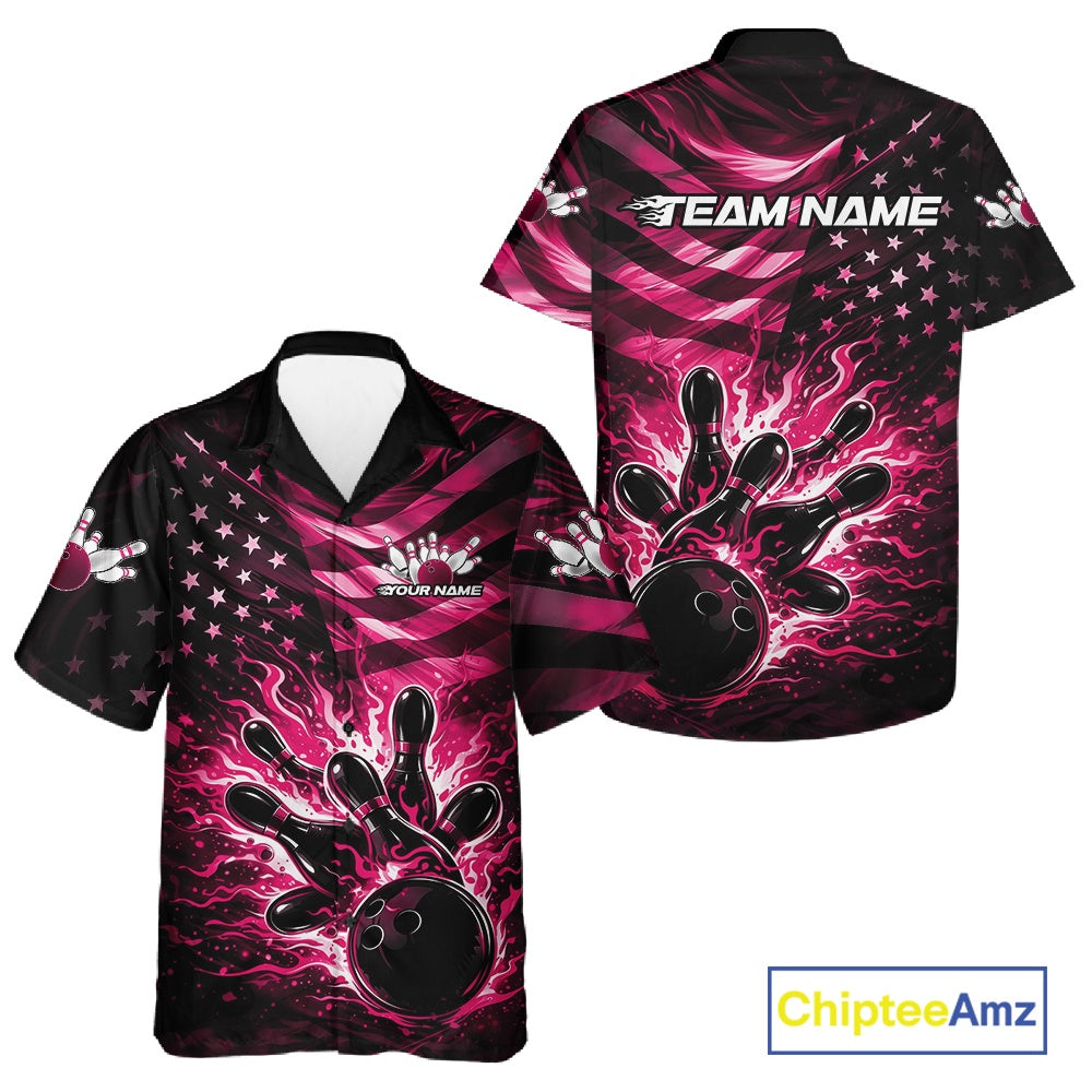 Front and back views of a black button-up bowling shirt showcasing a pink flame bowling ball striking pins with distressed American flag graphics.