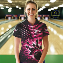 Load image into Gallery viewer, Custom Black And Pink Patriotic Fire Flame Women Bowling Shirt, US Flag Bowling Jerseys IPHW11001