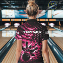Load image into Gallery viewer, Custom Black And Pink Patriotic Fire Flame Women Bowling Shirt, US Flag Bowling Jerseys IPHW11001