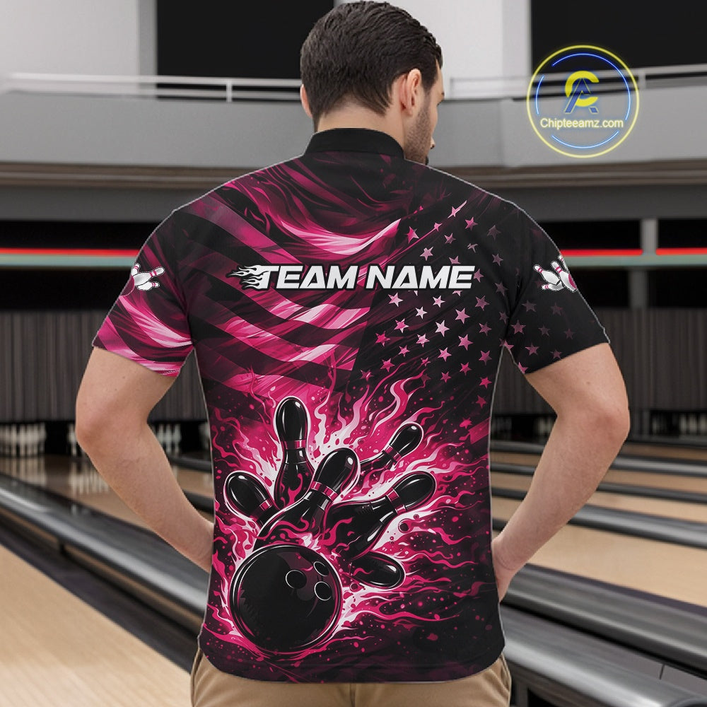 Front view of a male model in a black bowling quarter-zip shirt showcasing pink flame bowling strike artwork and distressed flag details.
