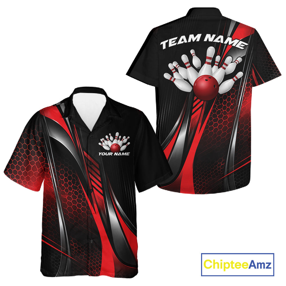 Black And Red Custom Bowling Jersey, Bowling Tournament Men And Women Button Up Shirt Bowler Outfit IPHW12206