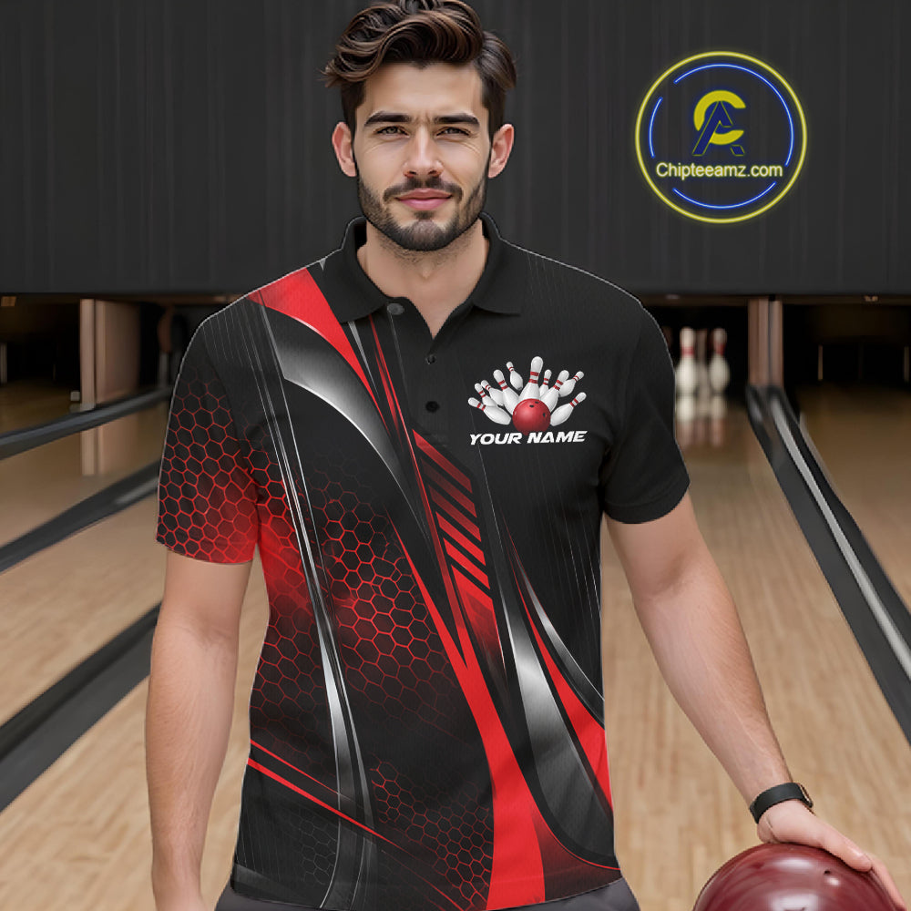 Black And Red Custom Bowling Jersey, Bowling Tournament Men Polo Shirt Bowler Outfit IPHW12206