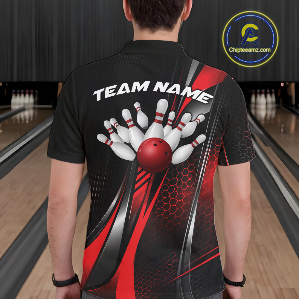 Black And Red Custom Bowling Jersey, Bowling Tournament Men Polo Shirt Bowler Outfit IPHW12206