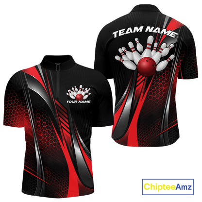Black And Red Custom Bowling Jersey, Bowling Tournament Men Quarter Zip Shirt Bowler Outfit IPHW12206