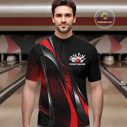Black And Red Custom Bowling Jersey, Bowling Tournament Men Quarter Zip Shirt Bowler Outfit IPHW12206