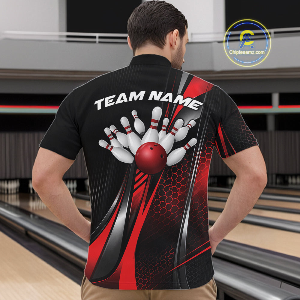 Black And Red Custom Bowling Jersey, Bowling Tournament Men Quarter Zip Shirt Bowler Outfit IPHW12206