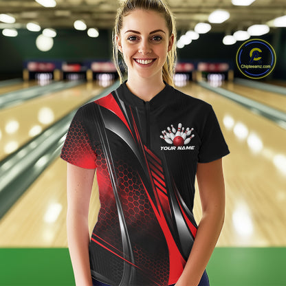 Black And Red Custom Bowling Jersey, Bowling Tournament Women Quarter-Zip Shirt IPHW12206