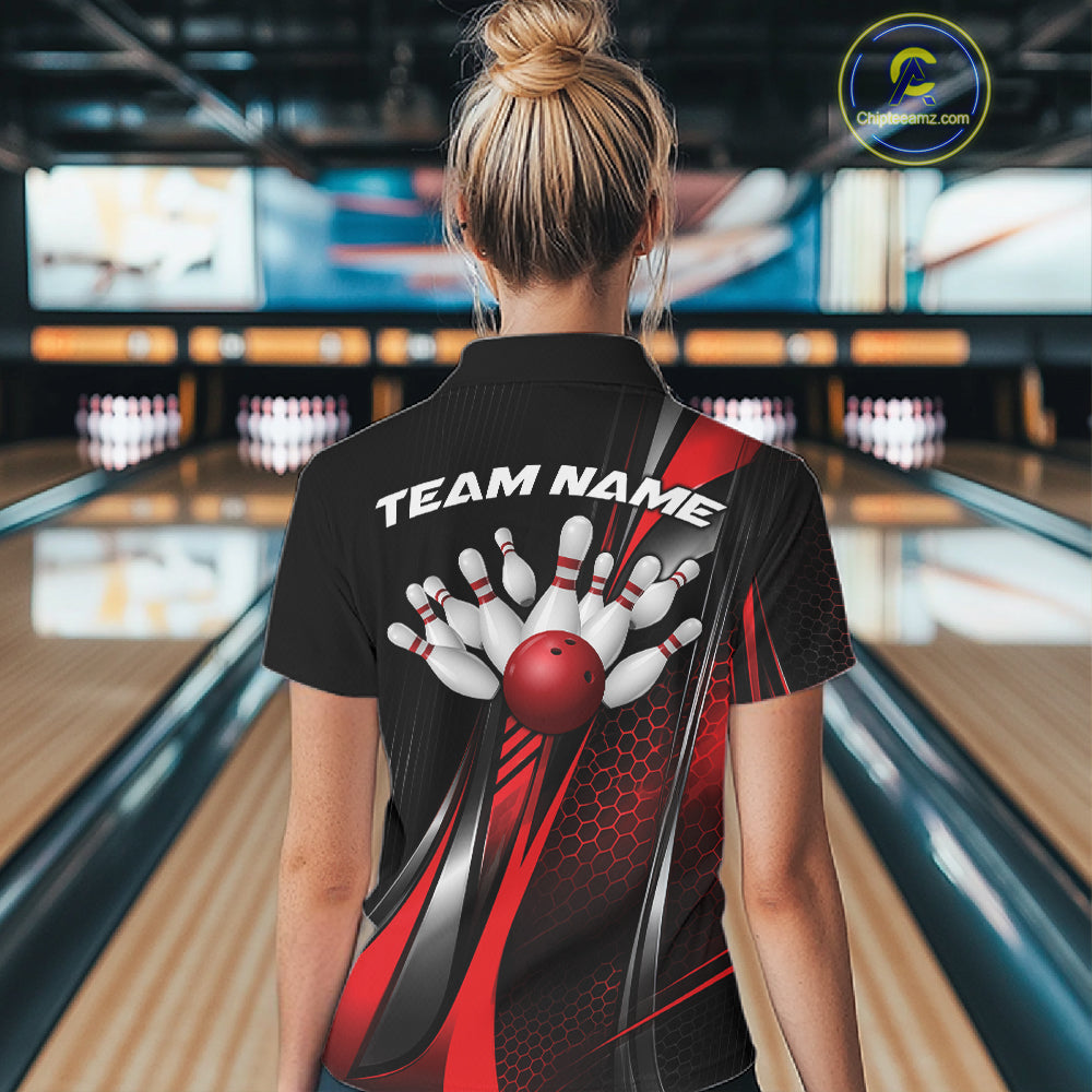 Black And Red Custom Bowling Jersey, Bowling Tournament Women Quarter-Zip Shirt IPHW12206