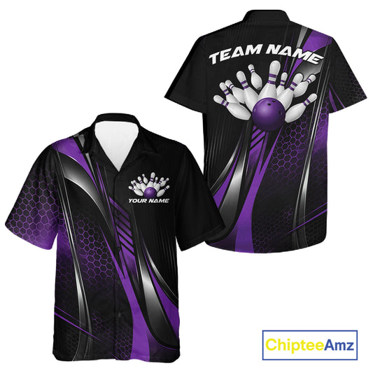 Black And Purple Custom Bowling Jersey, Bowling Tournament Men And Women Button Up Shirt Bowler Outfit IPHW12208