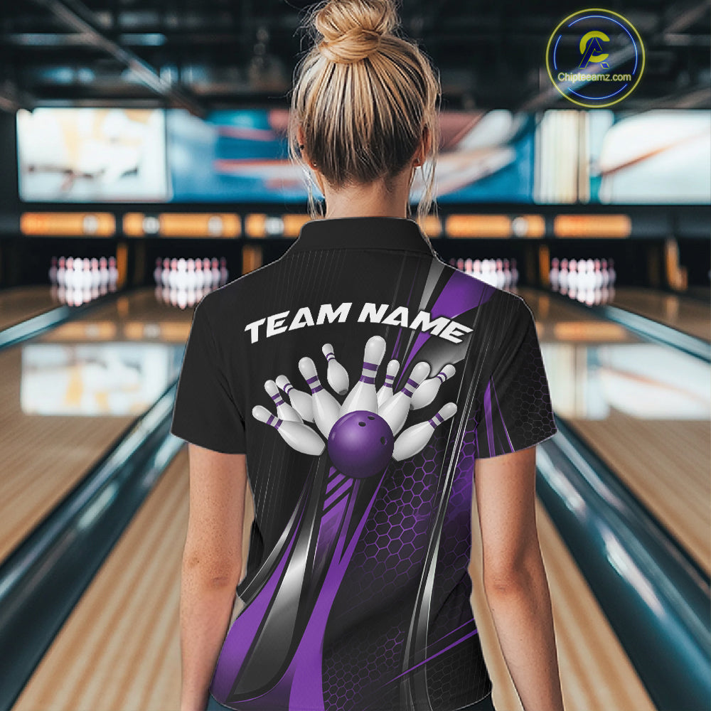 Black And Blue Custom Bowling Jersey, Bowling Tournament Women Polo Shirt Bowler Outfit IPHW12207