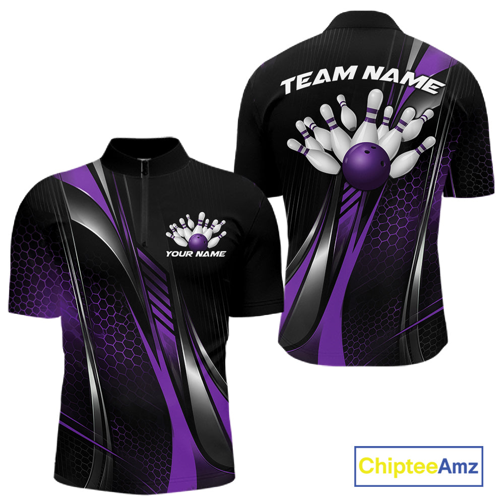 Black And Blue Custom Bowling Jersey, Bowling Tournament Men Quarter Zip Shirt Bowler Outfit IPHW12207